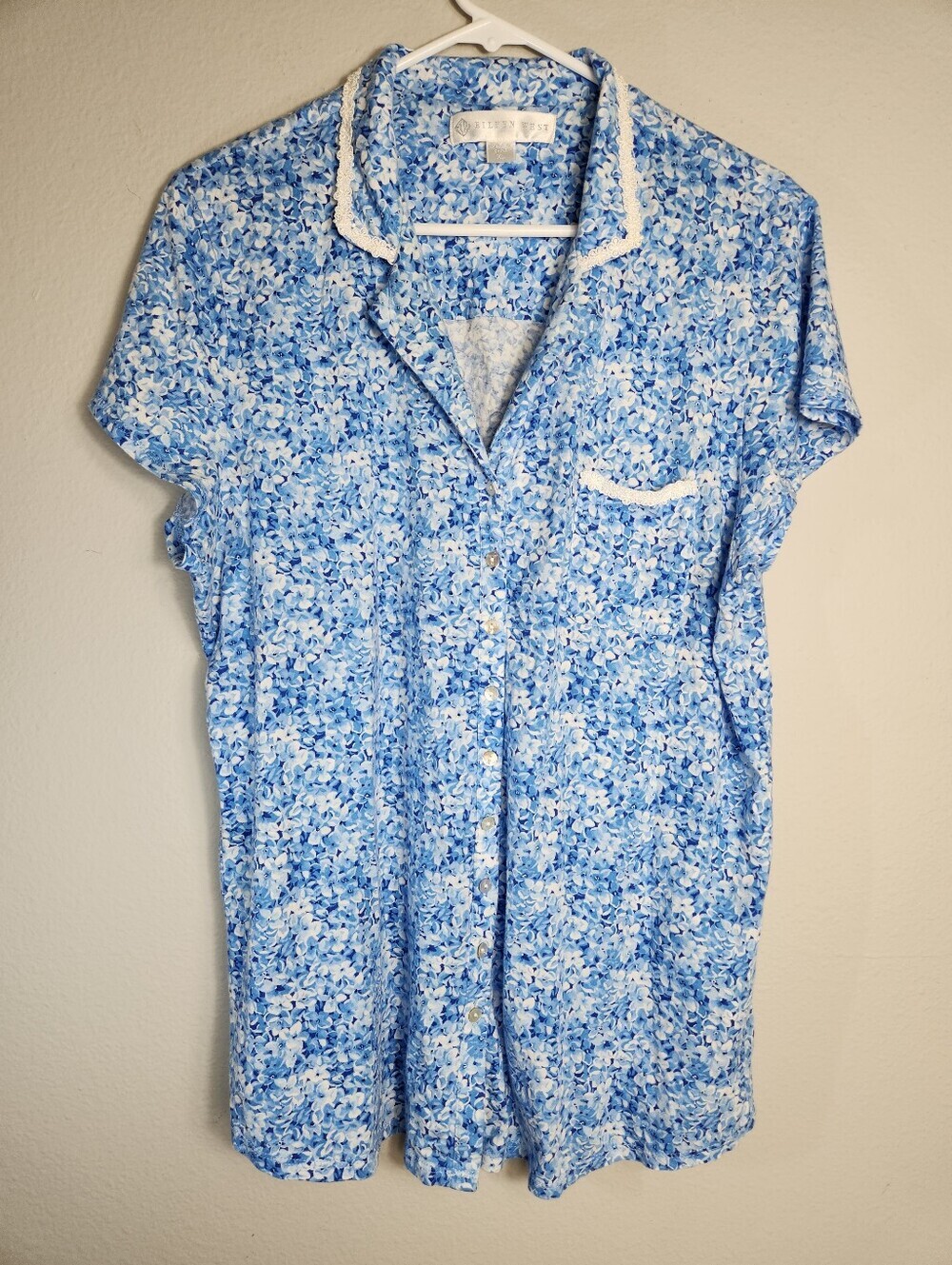 Eileen West Womens |XL| Blue Lilac Blossom Cotton/Modal Buttonfront Pajama Top